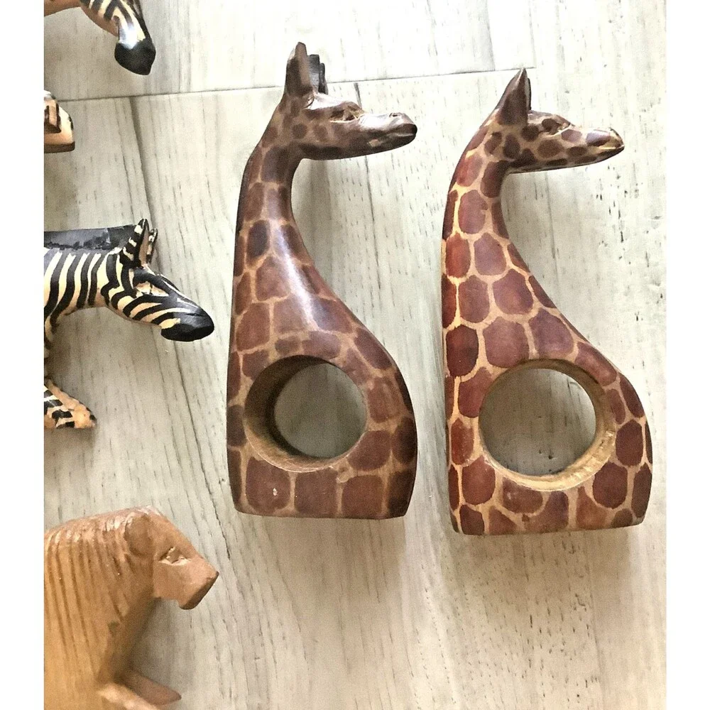 Vintage Napkin Rings Wood Hand Carved African Safari Animals Boho Decor Set of 8